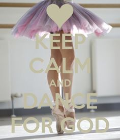 a ballerina is walking down the runway with her arms behind her back and words keep calm and dance for god