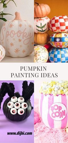 pumpkin painting ideas are featured in this collage with images of pumpkins and other decorations