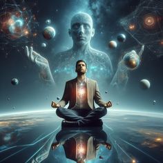 a man sitting in the middle of a body of water surrounded by planets