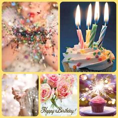 a collage of photos with candles and flowers on them, including cupcakes