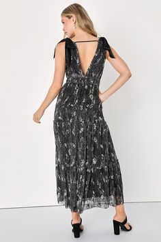 You'll always be up to the dress code when you arrive the Lulus Guest List Gorgeous Black Floral Lurex Tie-Strap Maxi Dress! Stunning mesh fabric overlays this dramatic dress, decorated with a tonal floral print and shiny Lurex threading. Sleek satin ribbons form tying tank straps, atop lightly gathered cups and a plunging V-neckline and matching V-back (with a tie at the top). Elasticized, banded waist tops a tiered skirt that finishes at a maxi hem. Fit: This garment fits true to size. Length: Dramatic Dress, Mockneck Dress, Dramatic Dresses, Burgundy Maxi Dress, Purple Maxi Dress, Yellow Maxi, Mesh Maxi Dress, Satin Ribbons, Backless Maxi Dresses