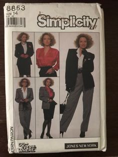 "This is a Simplicity pattern by Jones New York for a blouse with notched collar, blazer, and high waisted pants or skirt. Size 14 Bust 36\" Pattern is uncut and factory folded" New York Jacket, Jacket Blouse, Blouse Skirt, Fitted Jacket, Simplicity Sewing, Simplicity Sewing Patterns, Simplicity Patterns, Pocket Pants, Workout Jacket