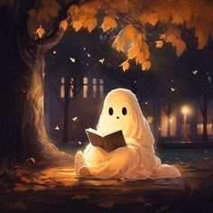 a ghost reading a book in the woods