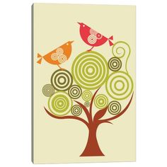 two birds sitting on top of a tree with swirly circles in the shape of trees