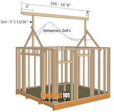 the measurements for a small wooden house with an attached porch and roof trussing on it