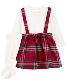 The perfect holiday look does exist! This adorable outfit is complete with a long-sleeve bodysuit to be worn tucked into a plaid skirtall, plus a pair of tights to finish off the look with ultimate style. Sibling Christmas Outfits, Santa Photos Outfit, Baby Dress Set, Plaid Baby, Dress Sets, Baby Christmas Outfit, Red Baby, Carters Baby, Black Sandals Heels