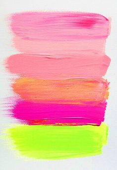 an abstract painting with bright colors on white paper, including pink, yellow and green