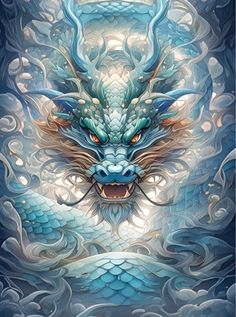 an artistic painting of a blue dragon with orange eyes