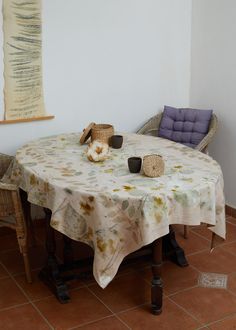 a table with two chairs and a basket on it