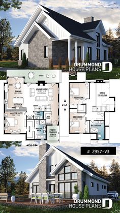 two story house plan with three levels and an open floor plan for the second level