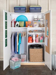 an organized closet is shown with various items in the shelves and baskets on the bottom shelf