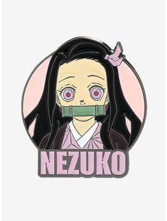 an anime character with pink eyes and long hair wearing a black jacket, has the words nezuko on it