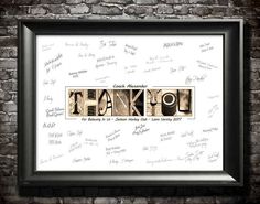 the word thank written in black and white with many other words surrounding it on a wall