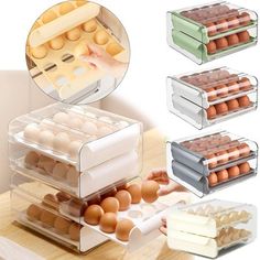 three tiered trays with eggs in them on top of a wooden countertop