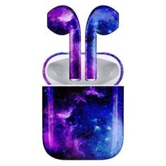 this is an image of a purple and blue earbud holder with space in the background