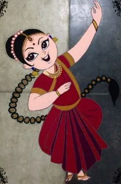 a painting of a woman dancing on the floor with beads around her neck and hands in the air