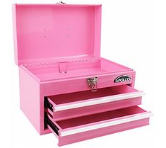 a pink chest with three drawers on the bottom and one drawer open to show it's contents