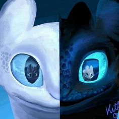 two different images of an animal with blue eyes and one has a cat's head