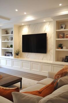 Living Room Built-In marble Built In Shelves Under Tv, Basement Tv Room Ideas, Living Room Entertainment Center Ideas, Family Tv Room, Basement Entertainment Center, Built Ins With Tv, Shelves Under Tv, Built In Tv Wall Unit