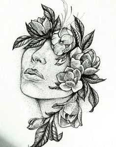 a drawing of a woman's face with flowers in her hair and leaves around her neck