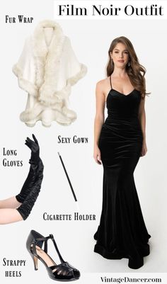 Black Dress Costume, Noir Outfit, Film Noir Dress, Film Noir Photography, Black Dress Halloween Costume, 1940s Outfits, Dress With Gloves, Fur Dress, Costume Noir