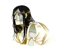 a drawing of a man with long hair and blood on his face, wearing a white shirt