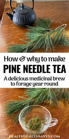 pine needle tea in a glass cup on top of a wooden table