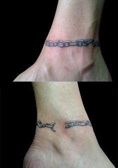 three different views of a person's foot with chains on them