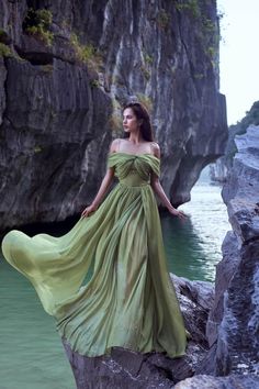 Green Goddess Dress, Goddess Shoot, Evil Clothes, Organza Maxi Dress, Gown Aesthetic, Spiritual Magic, Magic Realms, Green Formal Dresses, Enchanted Wood