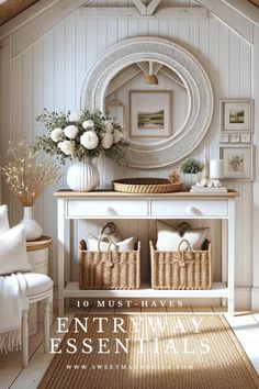 an entryway with baskets and flowers on the top shelf in front of a mirror