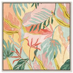 an abstract painting with leaves and plants in pink, green, yellow and blue colors