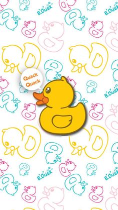 a yellow rubber duck on a white background with blue, pink and green letters that spell out quick quick