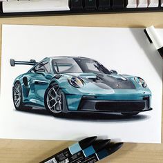 In this car drawing tutorial, I’ll show you how to draw a Porsche 911 GT3 RS, the latest generation of the iconic sports car. You’ll learn how to use the grid method, color the main body with a beautiful grey-green shade, and add realistic details and reflections with colored pencils and markers. Simple Car Drawing, Sketching Techniques, Porsche Gt3, Tattoo Style Drawings, Porsche Boxster, Gt3 Rs, Vintage Classics