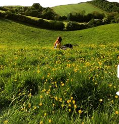 a woman is sitting in the middle of a green field with yellow flowers on it