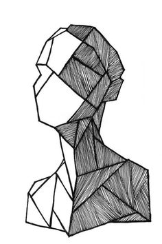 a black and white drawing of a man's head with geometric lines on it