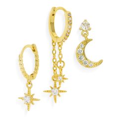 PRICES MAY VARY. Dainty gold moon star hoop set earrings, with three different design, fashion bold statement y2k design, featuring a strand of cubic zirconia, easily to match your clothes. Trendy small moonlight ring charm rhinestone huggie, plug back for pierced ears, special, cool and stylish,you can take off the cz star and wear the rectangle huggie earrings alone, perfect for everyday casual business work, formal event parties. 18k gold plated stainless steel, fade-resistant, lightweight, l Earring Star, Gold Star Earrings, Formal Jewelry, Gold Moon, Stud Earrings Set