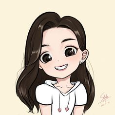 a drawing of a girl with long hair and big eyes, wearing a white shirt