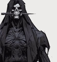 a drawing of a skeleton with two swords in his hand and wearing a black cloak