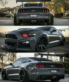 three different views of the rear end of a sports car, one with its hood open and