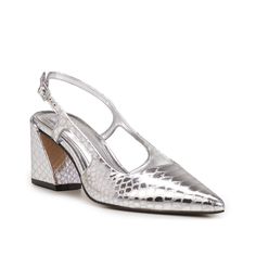 a pair of silver shoes on a white background