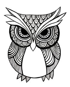 an owl with large eyes and ornate patterns on its face, drawn in black ink