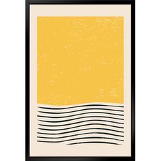 a yellow and black framed print with waves on the bottom, against a white background