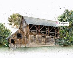 watercolor painting of an old barn with trees around it and a sign on the side