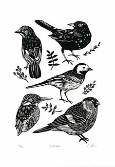 four birds sitting on top of each other in black and white ink, with leaves around them