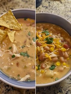 two pictures side by side, one with soup and the other with tortilla chips