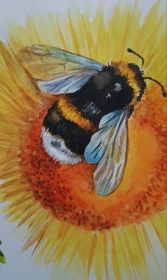 a painting of a bee sitting on top of a sunflower