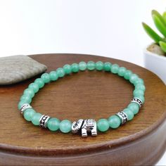 Green Adventurine Bead Elephant Charm Stretch Bracelet 6 Beads And 8mm Elephant Charm Green Amazonite Bracelet With 8mm Beads, Elephant Hair Bracelet, Green Amazonite Round Beaded Bracelet, Adjustable Hand-strung Amazonite Beaded Bracelets, Elephant Beaded Bracelet, Elephant Charm Bracelet, Lucky Elephant, Elephant Bracelet, Handmade Heart