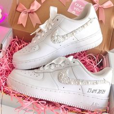 Wedding Bridal Sneaker Personalized Air Force 1 Wedding Sneakers Air Force 1 Wedding, Bridal Sneakers, Air Force 1 Sneakers, Pearl Ribbon, Custom Af1, Wedding Sneakers, Ribbon Wedding, Custom Air Force 1, Custom Wedding Gifts