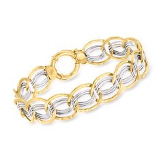 At Ross-Simons, we recognize the style power of versatile classics. In this artisanal interlocking oval link bracelet, warm and cool tones come together with textured and polished finishes. Triplets of shiny white links line up between tactile yellow links and finish with a lobster clasp. 14kt two-tone gold bracelet. Each Ross-Simons item arrives in a fine jewelry presentation box. Shop Ross-Simons jewelry risk-free as all items include a 30-day, 100% money-back guarantee. Size: 7.25.  Color: Me Sparkle Jewelry, White Gold Bracelet, Metal Accessories, Fine Jewelry Bracelets, Gorgeous Jewelry, Jewelry Inspo, Cool Tones, Everyday Jewelry, Spring Rings