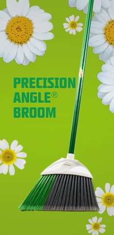 an advertisement for precision angle brooms with daisies on the side and green background